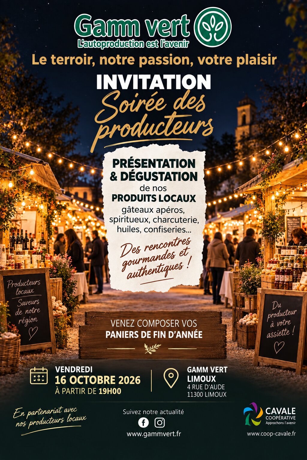 Invitation Soirée des producteurs, Gamm Vert Limoux, vendredi 16 octobre 2026 à partir de 19h