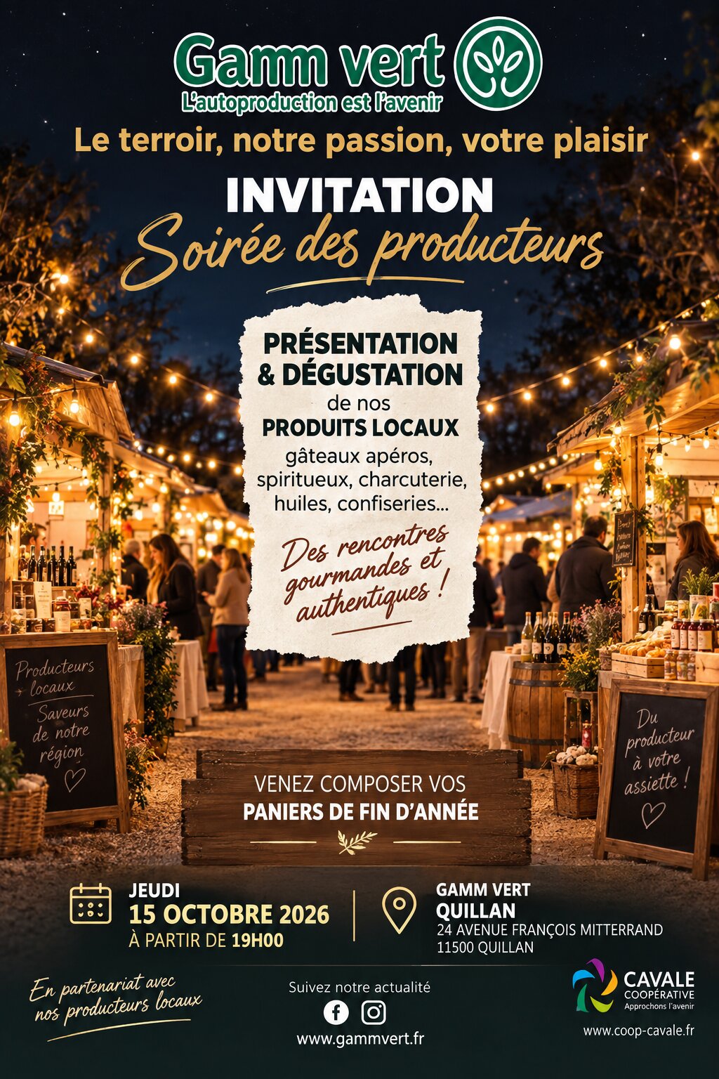 Invitation Soirée des producteurs, Gamm Vert Quillan, jeudi 15 octobre 2026 à partir de 19h